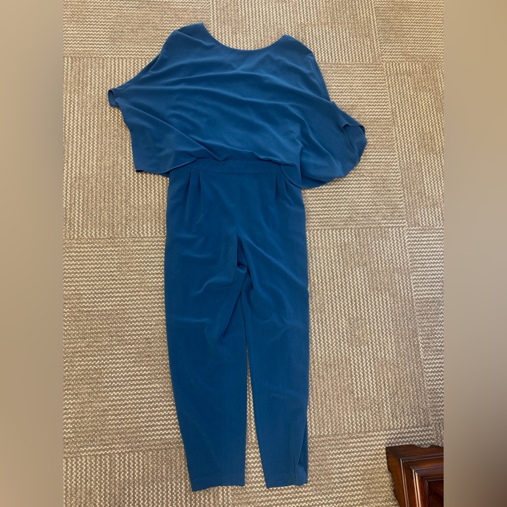 Halston Heritage Drape Sleeve Tapered Long Crepe Jumpsuit in Teal, size 14 - Picture 6 of 11